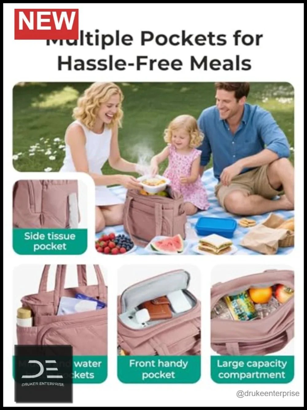 Large Insulated Lunch Tote Bag with Multi-Pockets Quilted Puffy for Work